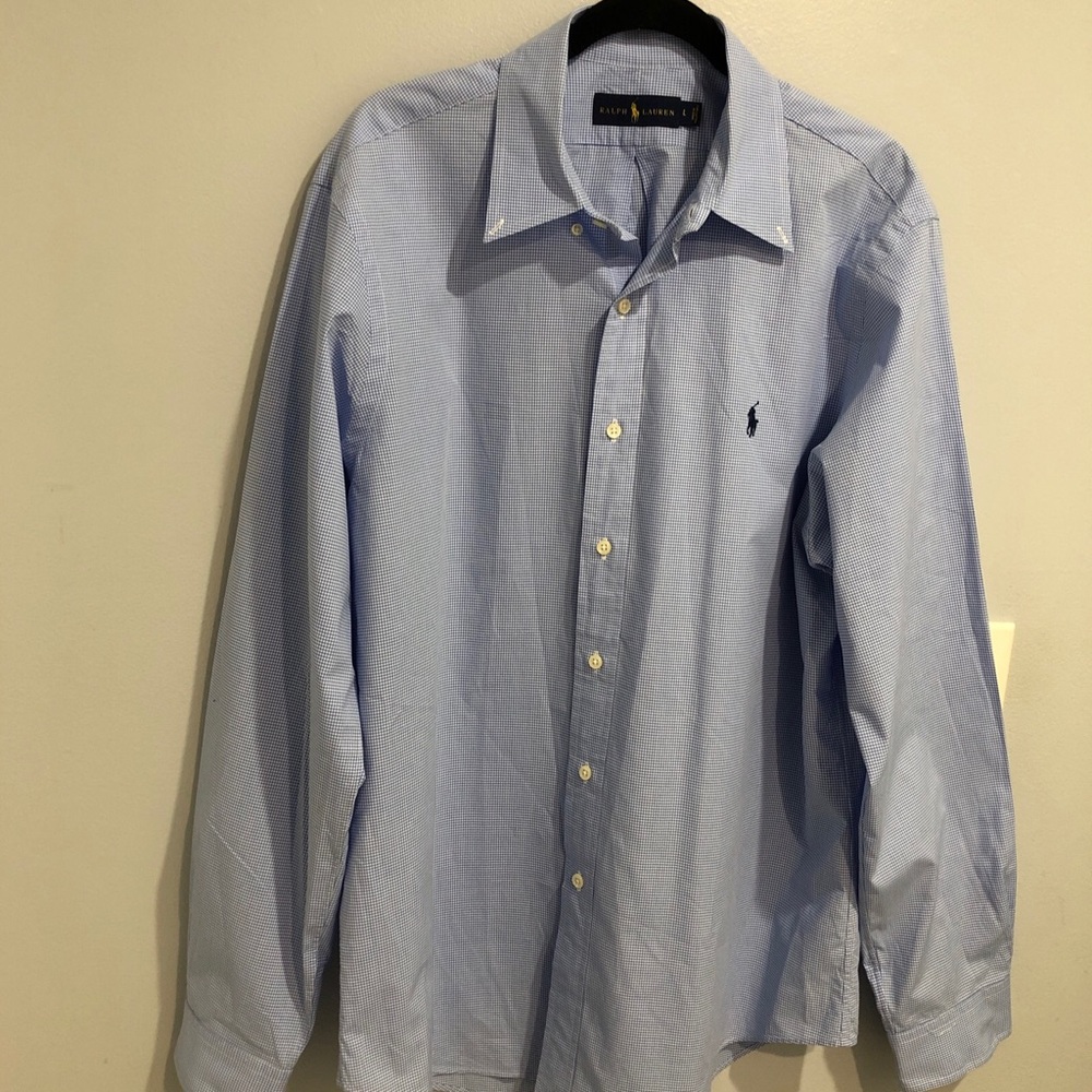 Ralph Lauren Shirt Blue/White Check Classic Fit Button Down Long Sleeve Size L